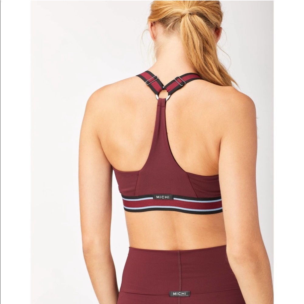 MICHI Dark Red Racer-Back Sports Bra Black Stripe Elastic Speed